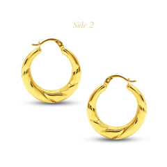 TRI-COLOR (1 SIDED ) TWISTED ROUND LADIES HOOP EARRINGS IN (SAUDI) 18K YELLOW / WHITE / ROSEGOLD