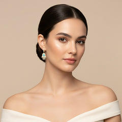 DIAMONDS AND TURQUOISE LADIES HAND RING AND HOOP EARRINGS SET WITH (RING) 54=0.35 / 1TQ=0.08 / 2.9 & (EARRINGS) 98=0.42 / TQ2=0.17 / 3.0 CARAT DIAMONDS IN 18K YELLOW GOLD