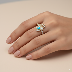 DIAMONDS AND TURQUOISE LADIES HAND RING AND HOOP EARRINGS SET WITH (RING) 54=0.35 / 1TQ=0.08 / 2.9 & (EARRINGS) 98=0.42 / TQ2=0.17 / 3.0 CARAT DIAMONDS IN 18K YELLOW GOLD