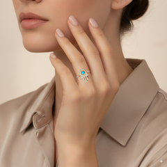 DIAMONDS AND TURQUOISE LADIES HAND RING AND HOOP EARRINGS SET WITH (RING) 54=0.35 / 1TQ=0.08 / 2.9 & (EARRINGS) 98=0.42 / TQ2=0.17 / 3.0 CARAT DIAMONDS IN 18K YELLOW GOLD