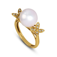 CULTURED PEARL RING WITH DIAMONDS IN 14K YELLOW GOLD