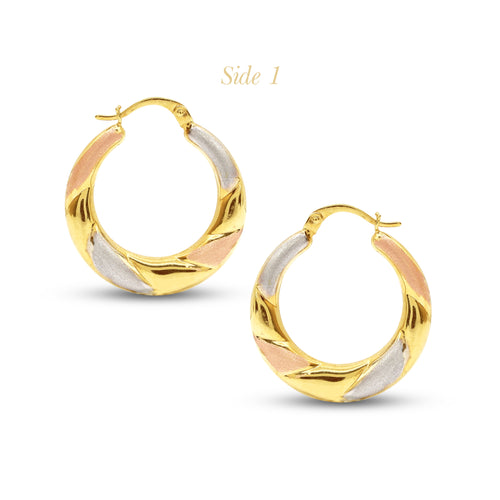 TRI-COLOR (1 SIDED ) TWISTED ROUND LADIES HOOP EARRINGS IN (SAUDI) 18K YELLOW / WHITE / ROSEGOLD