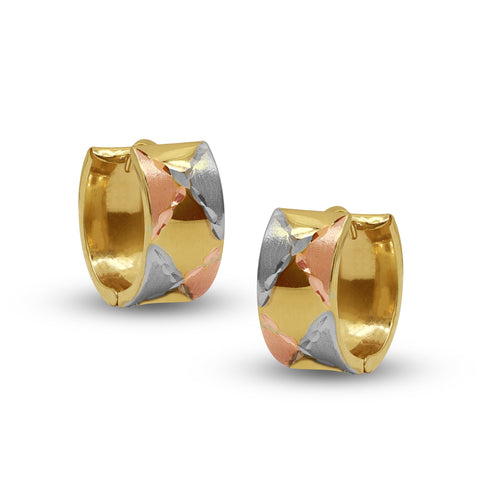 TRI-COLOR GEOMETRIC HOOP LADIES EARRINGS IN (SAUDI) 18K YELLOW / WHITE / ROSE GOLD