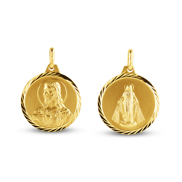 SACRED HEART & MARY MIRACULOUS 18MM MEDAL IN 14K YELLOW GOLD