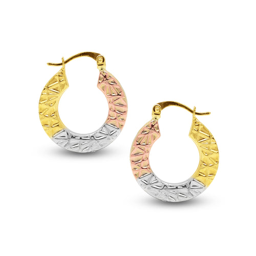 TRI-COLOR (1 SIDED) ROUND LADIES HOOP EARRINGS IN (SAUDI) 18K YELLOW / WHITE / ROSE GOLD