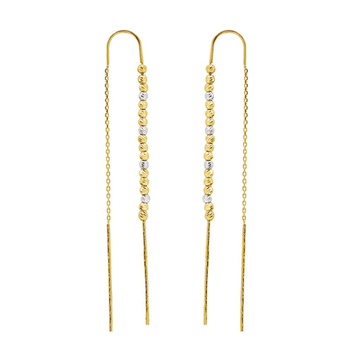 78 MM - TWO TONE BEADS WITH THIN BAR STRIP LADIES DANGLING EARRINGS IN (SAUDI) 18K YELLOW AND WHITE GOLD