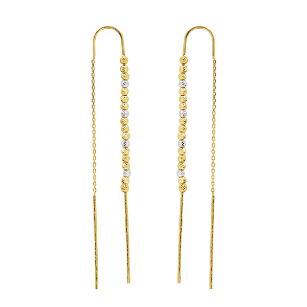 78 MM - TWO TONE BEADS WITH THIN BAR STRIP LADIES DANGLING EARRINGS IN (SAUDI) 18K YELLOW AND WHITE GOLD