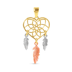 DREAM CATCHER HEART PENDANT WITH DANGLING FEATHERS IN 18K TRI-COLOR GOLD