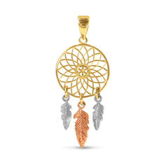 DREAM CATCHER PENDANT WITH FEATHERS DANGLING IN 18K TRI-COLOR GOLD