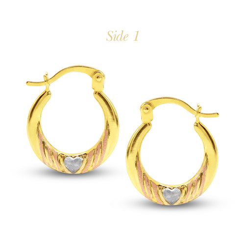 TRI-COLOR (1 SIDED) HEART ROUND LADIES HOOP EARRINGS IN (ITALIAN) 18K YELLOW / WHITE / ROSE GOLD