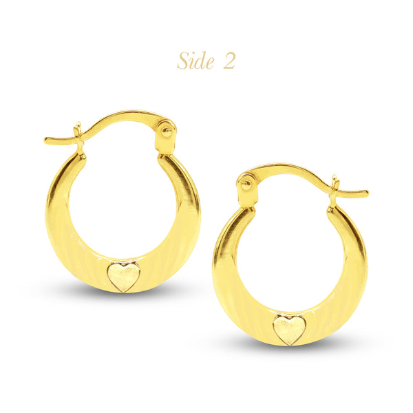 TRI-COLOR (1 SIDED) HEART ROUND LADIES HOOP EARRINGS IN (ITALIAN) 18K YELLOW / WHITE / ROSE GOLD