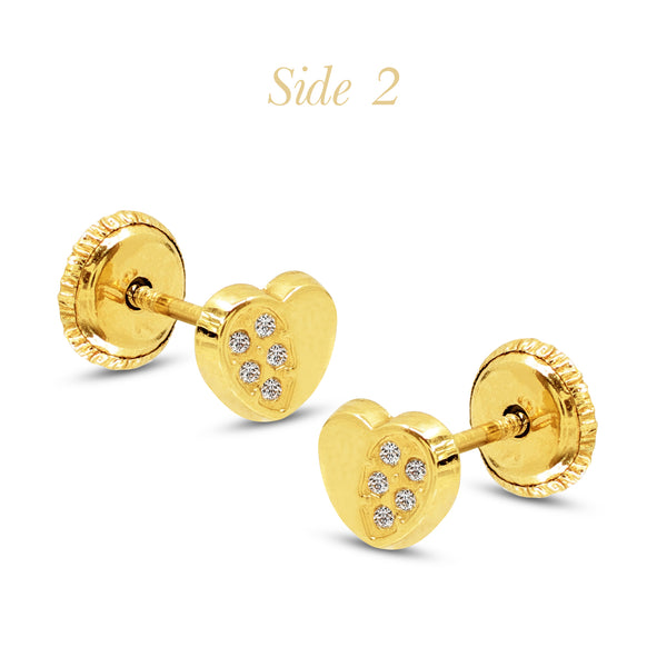 ROUND HEART LADIES THREADED / SCREW EARRINGS WITH CUBIC ZIRCONIA (CZ) STONE IN (SPANISH) 18K YELLOW GOLD