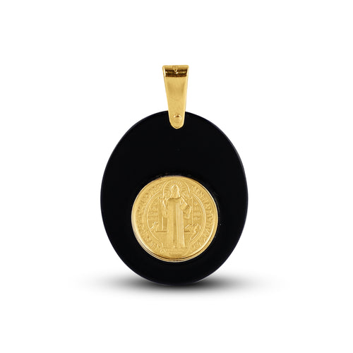 ST. BENEDICT WITH BLACK ONYX MEDAL IN 14K YELLOW GOLD
