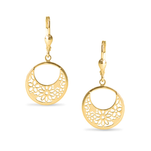 ROUND FLORAL DANGLING EARRINGS IN 18K YELLOW GOLD