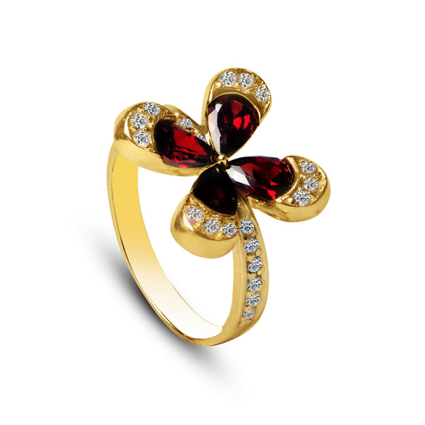 LADIES RING WITH COLORED STONE GARNET WITH ZIRCONIAN STONES IN 18K YELLOW GOLD