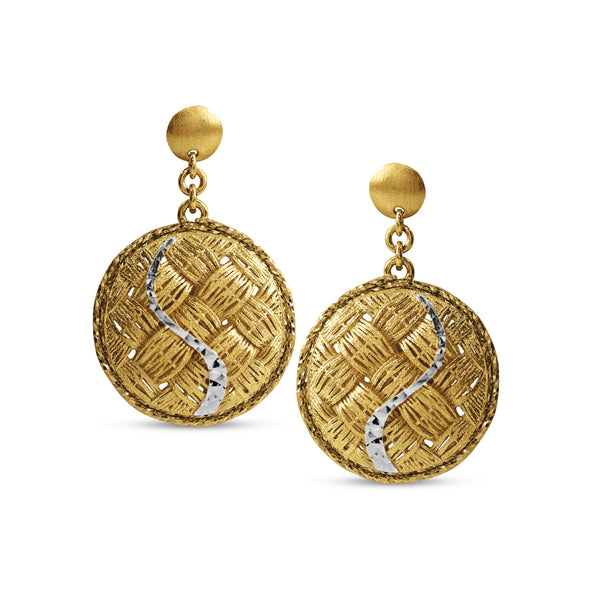 ROUND TEXTURED DANGLING EARRINGS TWO TONE IN 18K GOLD