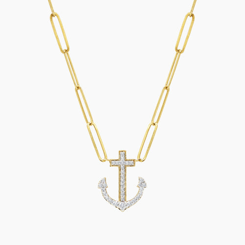 DIAMOND CROSS ANCHOR LADIES NECKLACE AND PENDANT WITH 32=0.18 / 5.00 CARAT DIAMONDS IN 14K YELLOW GOLD