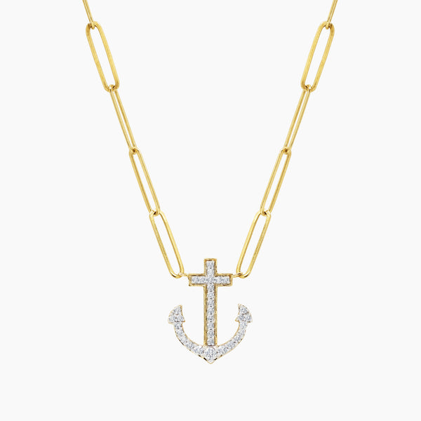 DIAMOND CROSS ANCHOR LADIES NECKLACE AND PENDANT WITH 32=0.18 / 5.00 CARAT DIAMONDS IN 14K YELLOW GOLD