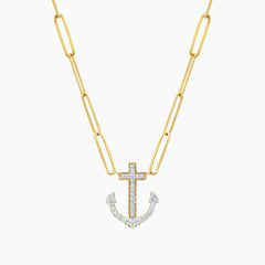 DIAMOND CROSS ANCHOR LADIES NECKLACE AND PENDANT WITH 32=0.18 / 5.00 CARAT DIAMONDS IN 14K YELLOW GOLD