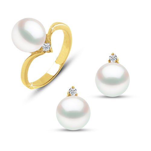 FRESH WATER PEARL PEARL SET RING AND EARRINGS WITH DIAMOND IN 14K YELLOW GOLD