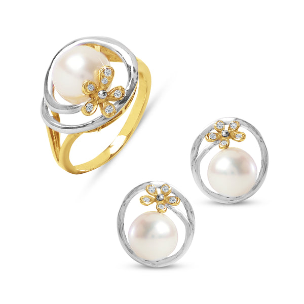 FRESH WATER PEARL PEARL SET TWO TONE RING AND EARRINGS WITH DIAMOND IN 14K GOLD