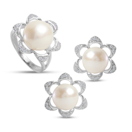 FRESH WATER PEARL FLOWER PEARL RING AND EARRINGS WITH DIAMOND IN 14K WHITE GOLD
