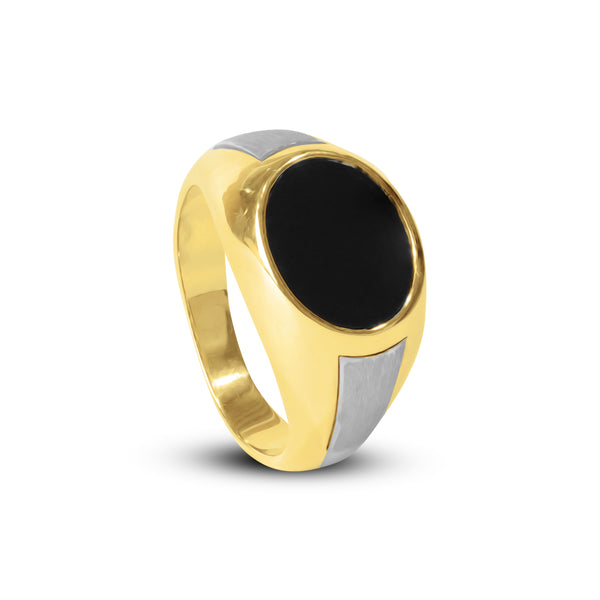 TWO-TONE BLACK ONYX MENS RING IN 18K YELLOW GOLD
