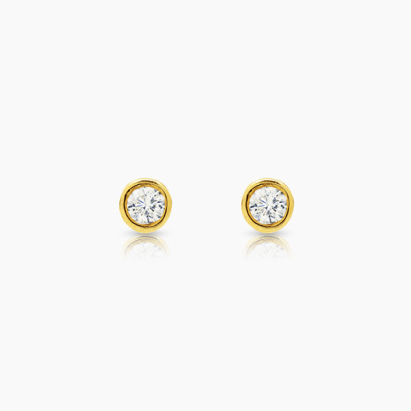 ROUND BEZEL LADIES STUD EARRINGS WITH 2=0.22 / 1.35 CARAT DIAMONDS IN 14K YELLOW GOLD