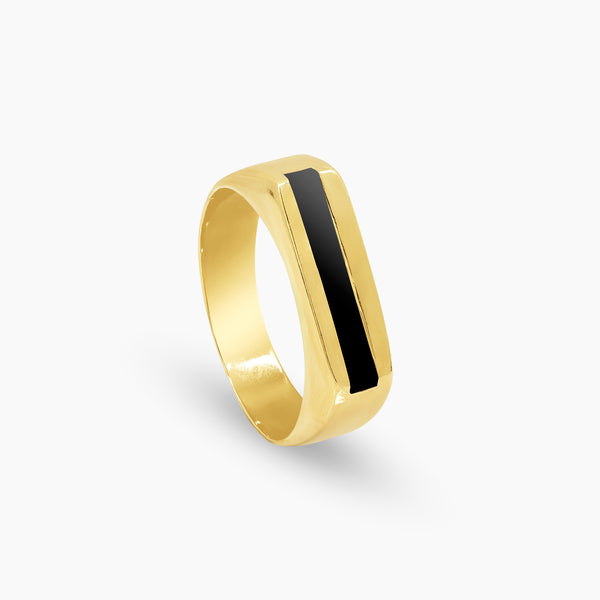 TWO-TONE STRIPE BLACK ONYX MENS RING IN (SAUDI) 18K YELLOW GOLD