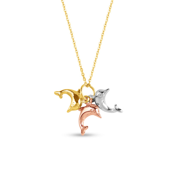 TRI-COLOR DOLPHIN PENDANT WITH CHAIN IN 14K GOLD