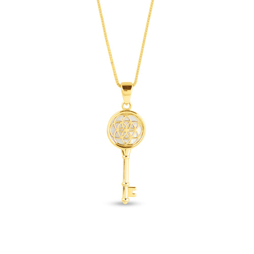 FLOWER OF LIFE KEY WITH MOTHER OF PEARL PENDANT WITH CHAIN IN 18K YELLOW GOLD