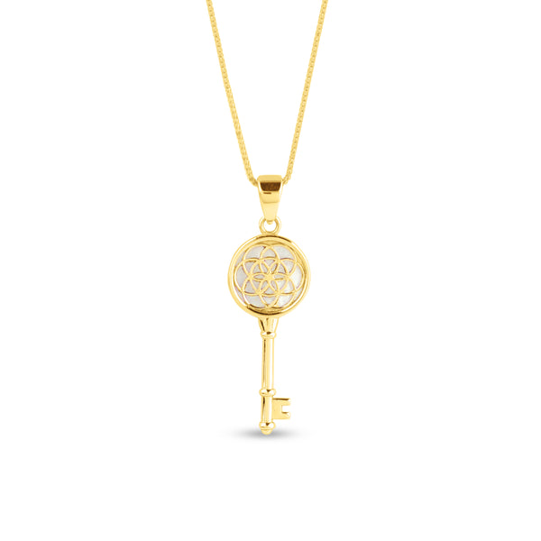 FLOWER OF LIFE KEY WITH MOTHER OF PEARL PENDANT WITH CHAIN IN 18K YELLOW GOLD