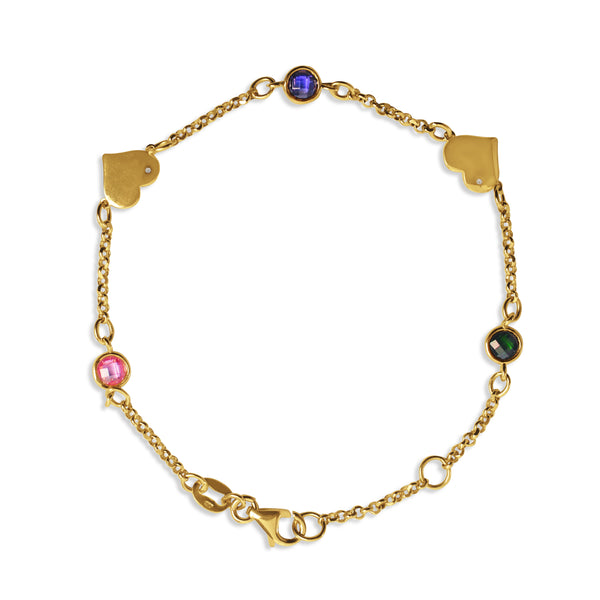 TWO HEART WITH COLORED STONE BRACELET IN 18K YELLOW GOLD