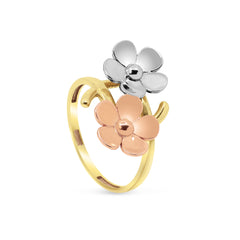 TWO-FLOWER TRI-COLOR RING IN 18K GOLD