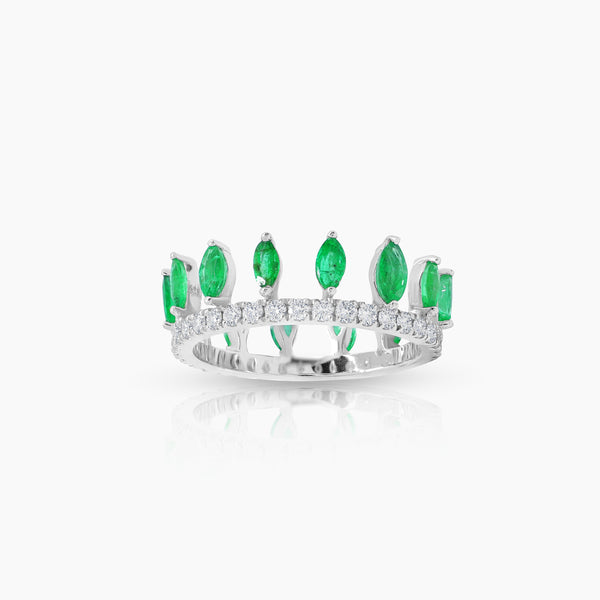 6 1/2" EMERALD STONE AND DIAMOND LADIES RINGS WITH 36=0.58 / 14EM=1.02 / 3 CARAT DIAMONDS IN 18K WHITE GOLD