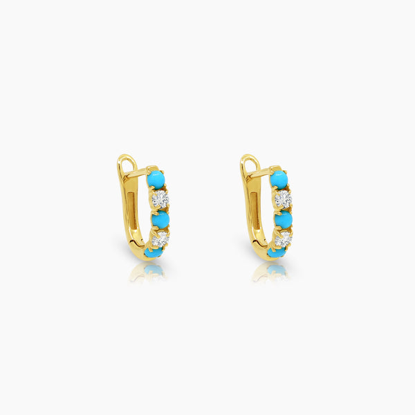 TURQUOISE STONE AND DIAMOND LADIES HOOP EARRINGS WITH 4TQ=0.14 / 6=0.22 / 1.41 CARAT DIAMONDS IN 18K YELLOW GOLD