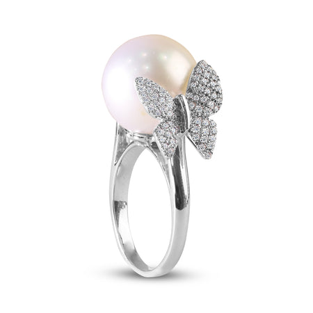 PEARL RING WITH BUTTERFLY DIAMONDS IN 14K WHITE GOLD