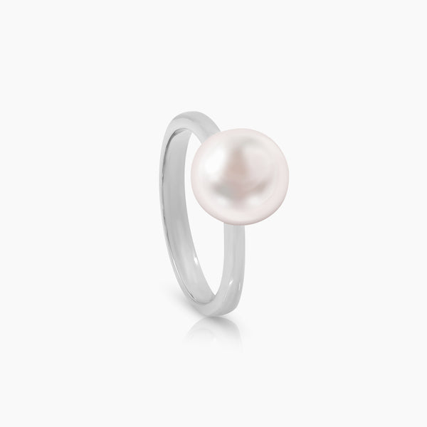 6 1/4" ROUND WHITE FRESH WATER PEARL LADIES RING WITH 3.2 / 2.2 / 8.8MM CARAT DIAMONDS IN 14K WHITE GOLD