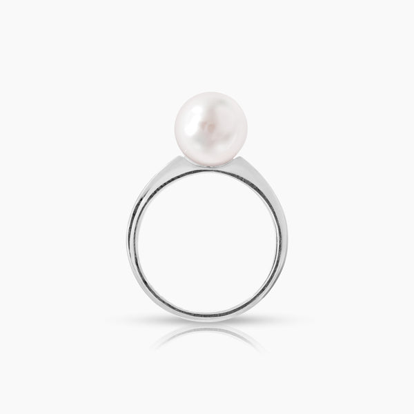 6 1/4" ROUND WHITE FRESH WATER PEARL LADIES RING WITH 3.2 / 2.2 / 8.8MM CARAT DIAMONDS IN 14K WHITE GOLD