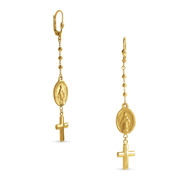MARY MIRACULOS WITH CROSS EARRINGS IN 18K YELLOW GOLD