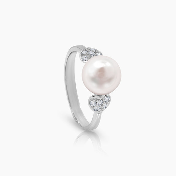 6 1/2" ROUND WHITE FRESH WATER PEARL WITH DIAMOND LADIES RING WITH 10=0.11 / 2.6 / 1.8 CARAT DIAMONDS IN 14K WHITE GOLD