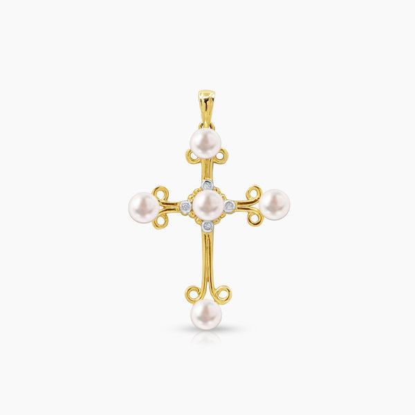 CROSS FRESH WATER PEARL WITH DIAMOND LADIES PENDANT WITH 4=0.02 / 1.8 CARAT DIAMONDS IN 14K YELLOW GOLD