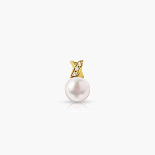 CROSSED ROUND WHITE FRESH WATER PEARL WITH DIAMOND LADIES PENDANT WITH 3=0.034 / 1.6-0.6 CARAT DIAMONDS IN 14K YELLOW GOLD