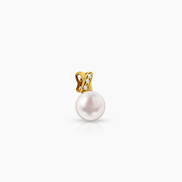 CROSSED ROUND WHITE FRESH WATER PEARL WITH DIAMOND LADIES PENDANT WITH 3=0.034 / 1.6-0.6 CARAT DIAMONDS IN 14K YELLOW GOLD