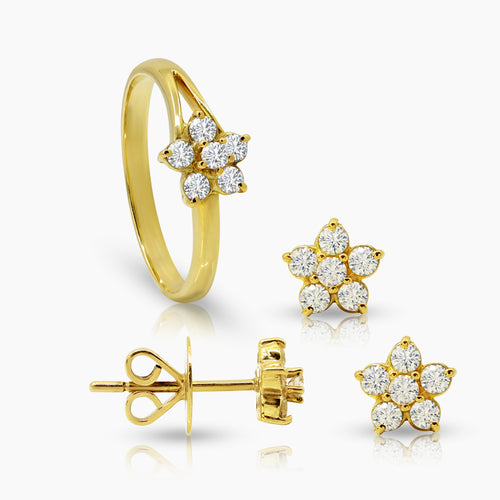 6 1/2" DIAMOND FLOWER LADIES RING AND STUD EARRINGS SET WITH DIAMOND 18=0.606 / 2=.08 / 4.4 CARAT DIAMONDS IN 14K YELLOW GOLD