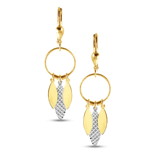 TWO TONE DANGLING MID TEXTURED EARRINGS IN 18K GOLD