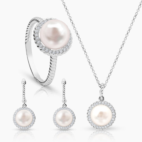 FRESH WATER PEARL WITH DIAMOND 6 1/2" LADIES RING, NECKLACE AND HOOP EARRINGS SET - RING - 28=0.09 / 2.24 / 3.1 / EARRINGS - 56=0.0018 / 2.67 / 4.3 / NECKLACE - 28=0.09 / 2.02 / 2.9 CARAT DIAMONDS IN 14K WHITE GOLD