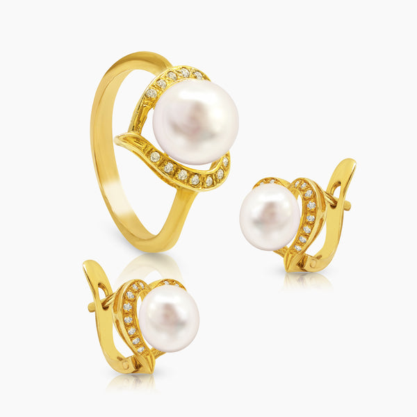 6 1/2" HEART WHITE PEARL LADIES RING AND HOOP EARRINGS SET WITH DIAMOND 45=0.22 / 6.9 CARAT DIAMONDS IN 14K YELLOW GOLD