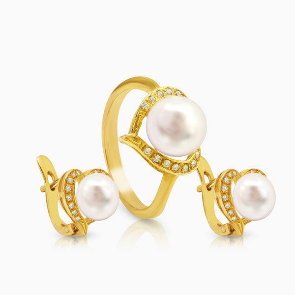 6 1/2" HEART WHITE PEARL LADIES RING AND HOOP EARRINGS SET WITH DIAMOND 45=0.22 / 6.9 CARAT DIAMONDS IN 14K YELLOW GOLD