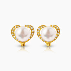 6 1/2" HEART WHITE PEARL LADIES RING AND HOOP EARRINGS SET WITH DIAMOND 45=0.22 / 6.9 CARAT DIAMONDS IN 14K YELLOW GOLD